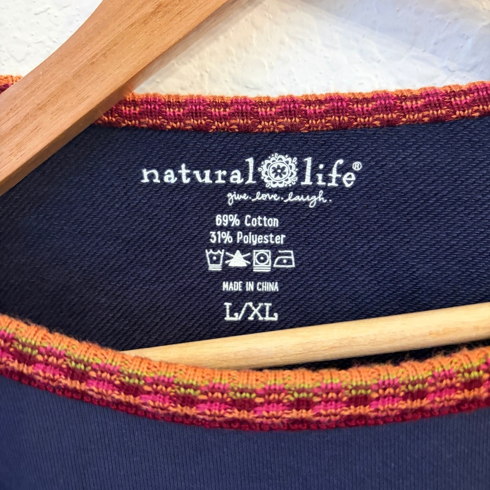 Natural Life Knit Trim Sweatshirt L/XL Boho Raw Edge Oversized Casual Navy Red - Picture 7 of 11